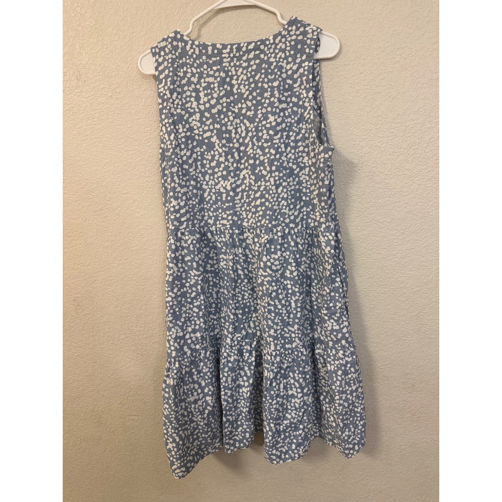 Matty M Blue White Dot Linen Blend Tiered Mini Dress V-Neck Pockets Large MD9210 - Picture 6 of 8